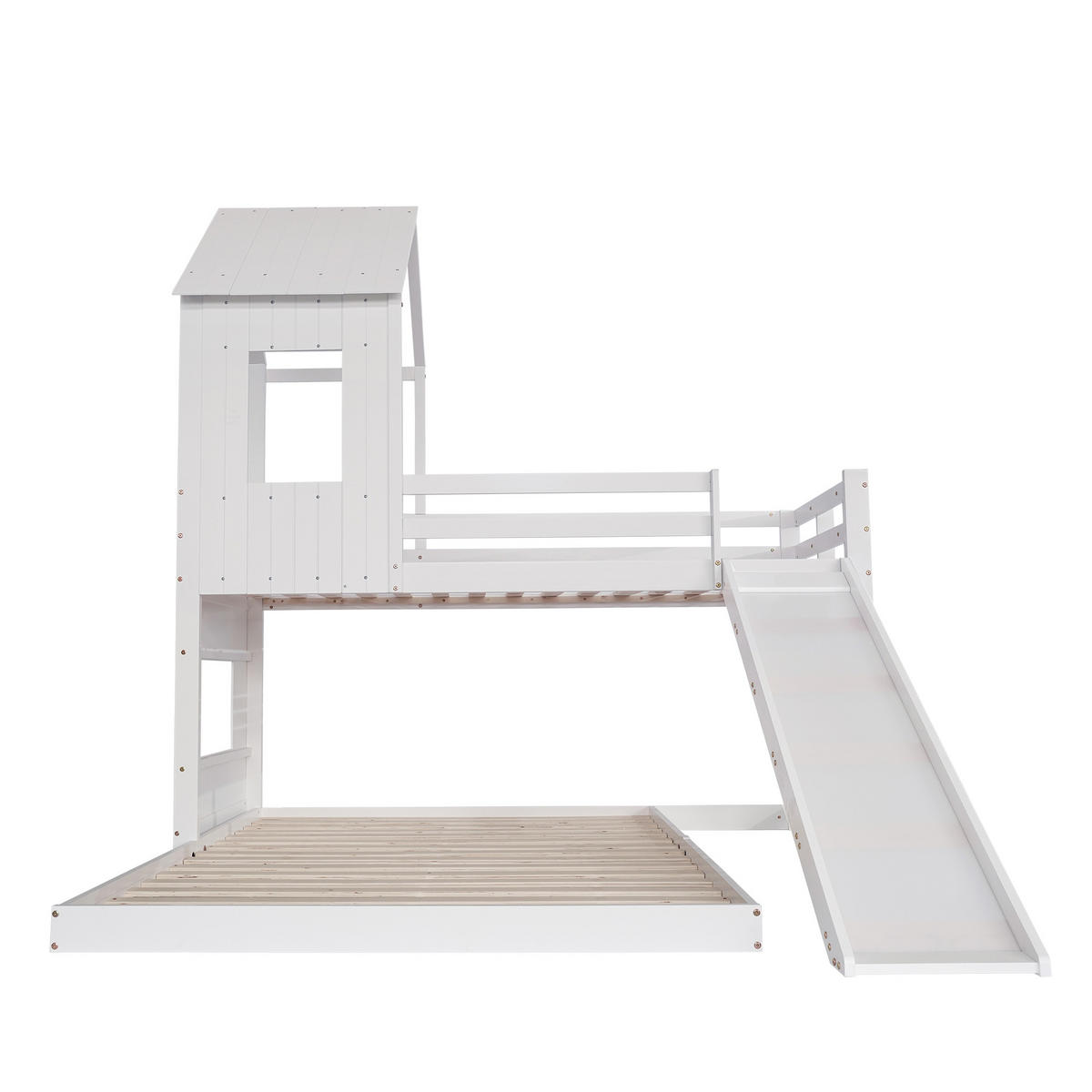 ETAGENBETT Haus 90x200/140x200 Weiß mit Rutsche und Fenster - Weiß, Holz (90/200cm) - ComfortXL