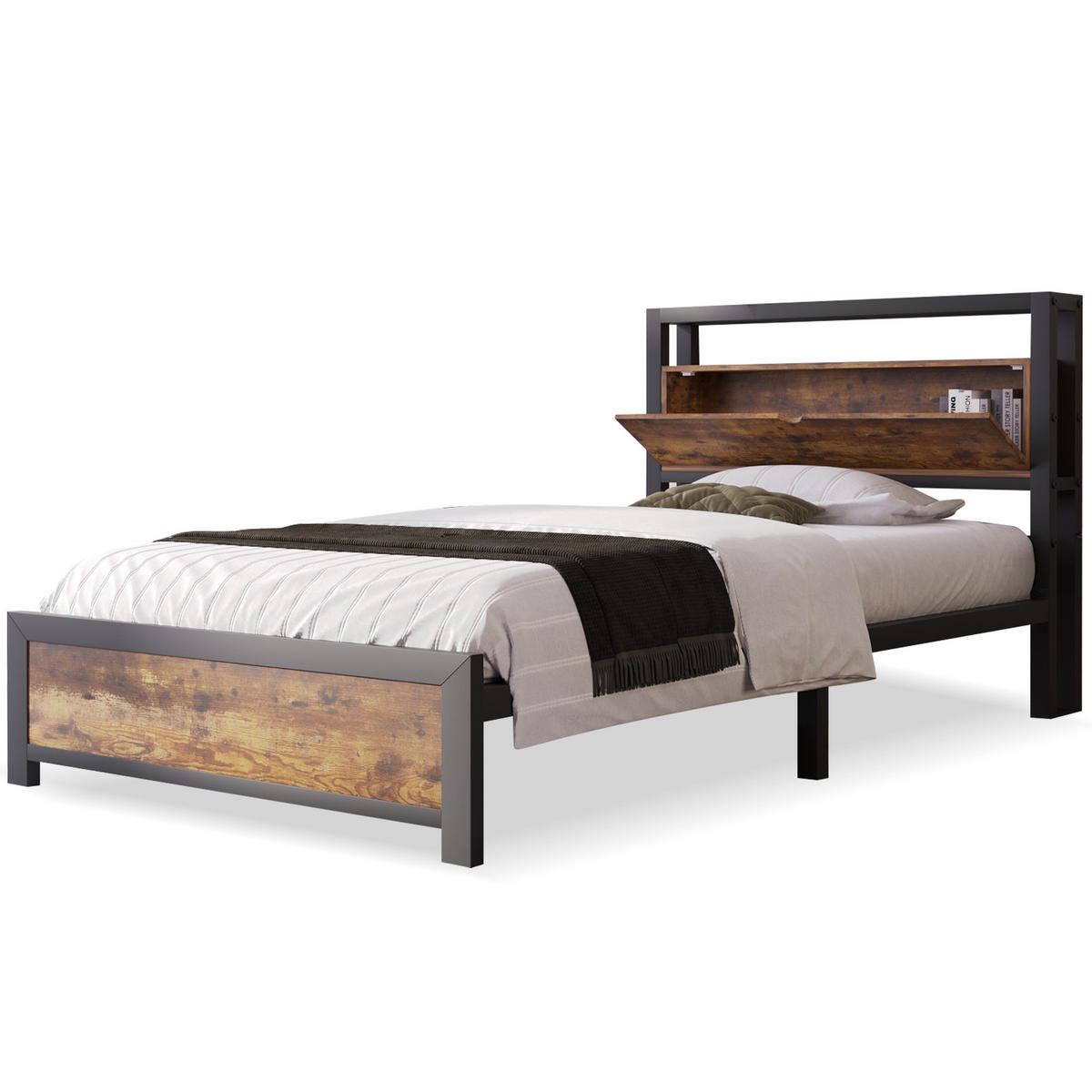 BETT 90/200 cm mit Stauraum-Kopfteil und Holzmaserung - Naturfarben, Metall (90/200cm) - OKWISH