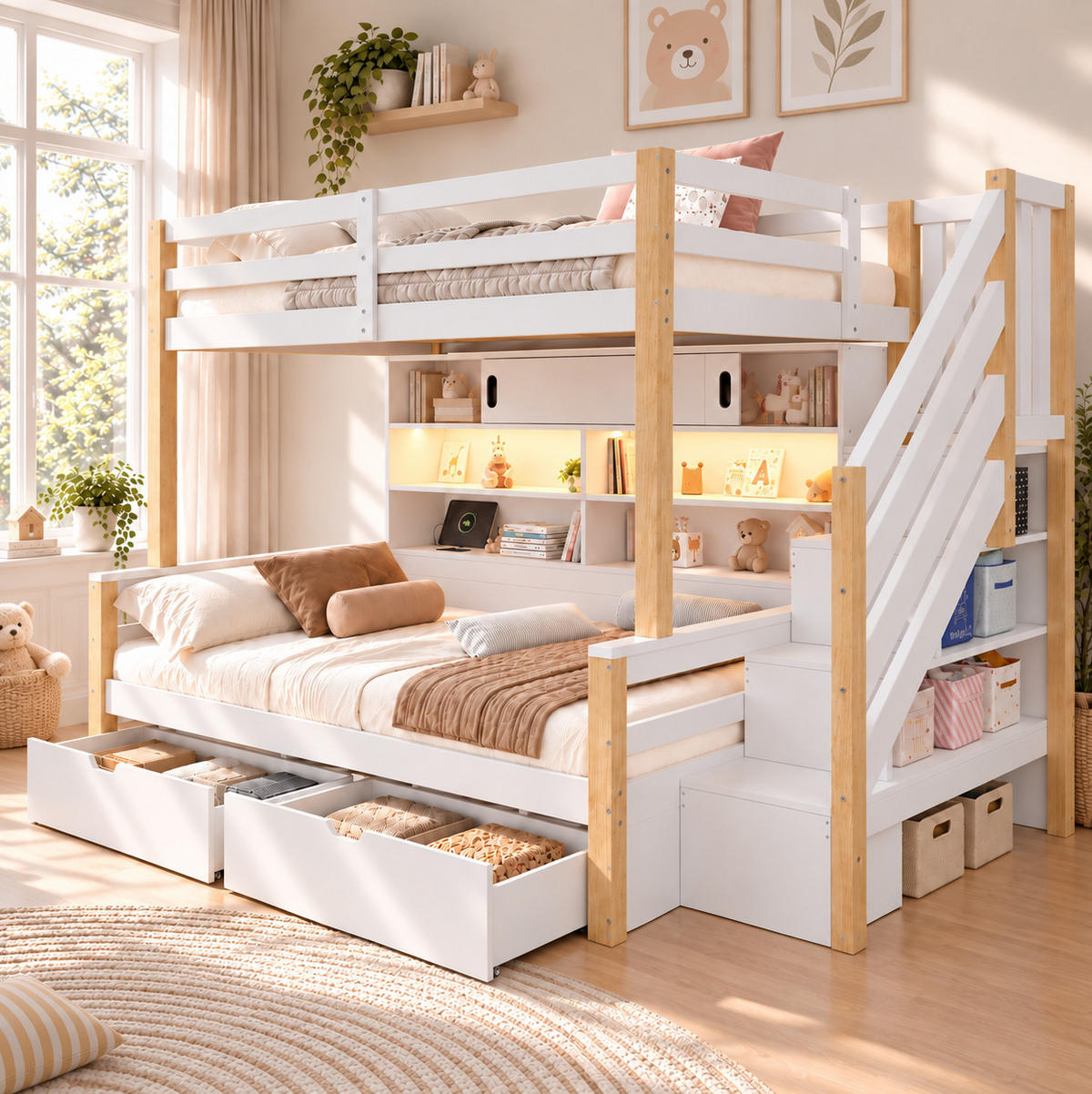 ETAGENBETT aus Kiefernholz 90x200 cm Weiß mit Stauraumtreppe, LED-Leiste und USB-Anschluss - Weiß, Holz (90/200cm) - Modfu
