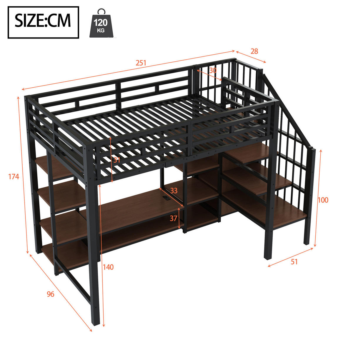 HOCHBETT 90/200 cm in Schwarz mit TV-Ständer und Steckdose - Schwarz, Metall (90/200cm) - Flora Grace