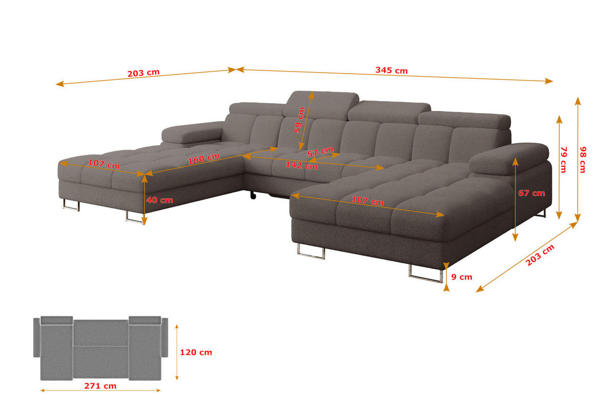 WOHNLANDSCHAFT mit Schlaffunktion und Bettkasten COMA U2 345x203x79 Braun Bouclé - Dunkelbraun, Holzwerkstoff/Textil (345/79/203cm) - ALTDECOR
