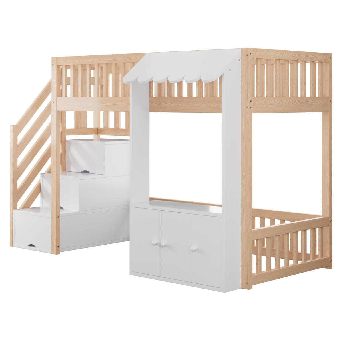 HOCHBETT aus Kiefernholz, Sperrholz und MDF 90x200 cm Holzfarbe mit Stauraumtreppe, LED-Lichtleiste und Stauraum - Naturfarben, Holz (90/200cm) - Modfu
