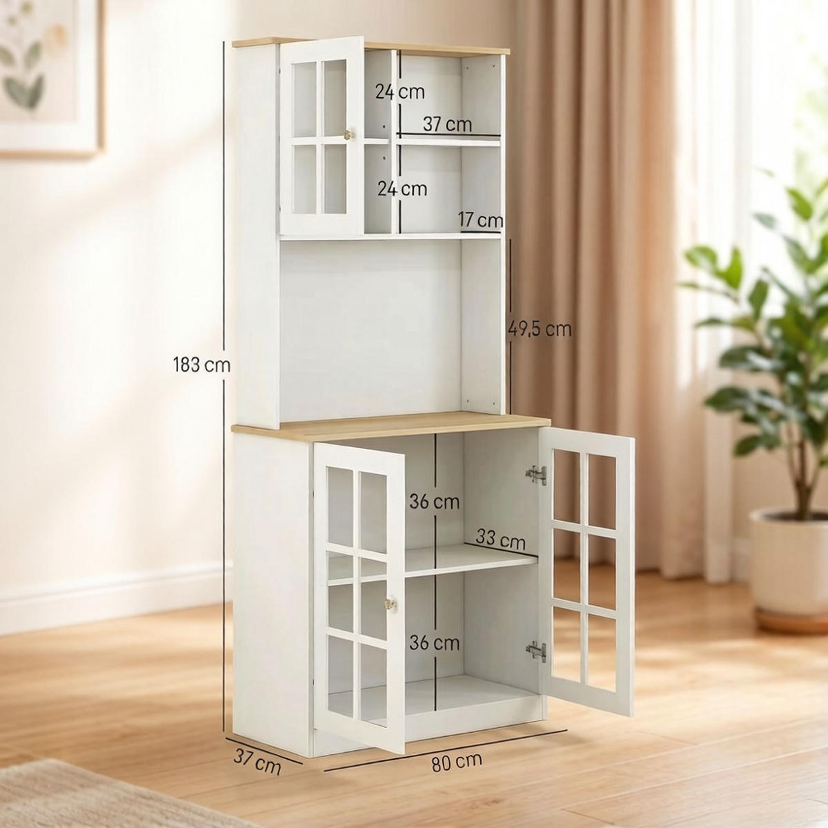 KÜCHENSCHRANK, Aufbewahrungsschrank mit Glastüren, MDF, Weiß-Eiche, Kaffeebar, 80/183/37 cm - Weiß, Kunststoff (37/183/80cm) - Rolipo
