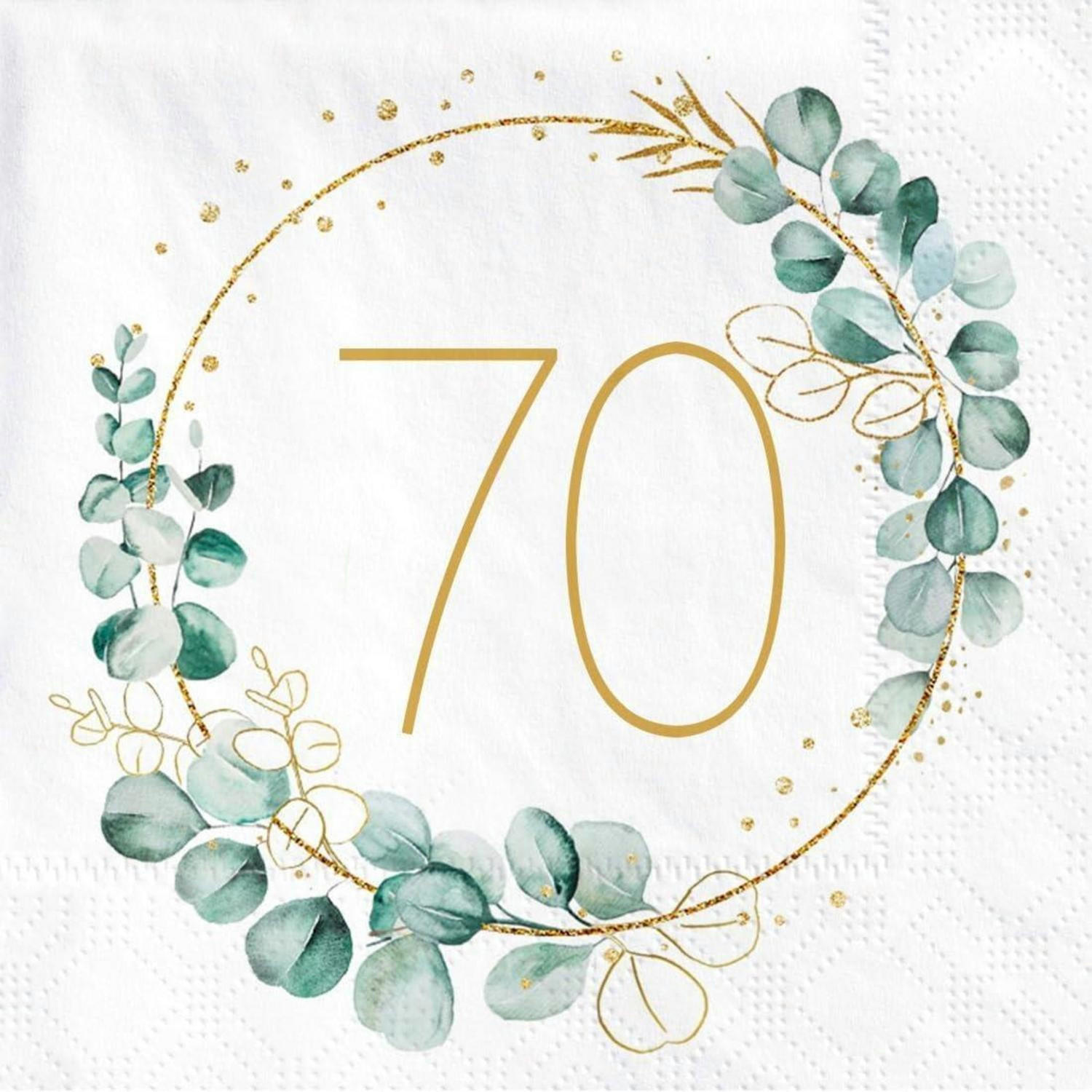 SERVIETTEN 70. Geburtstag Eukalyptus Gold Grün 40 Stück - Weiß, Papier (33/33cm)