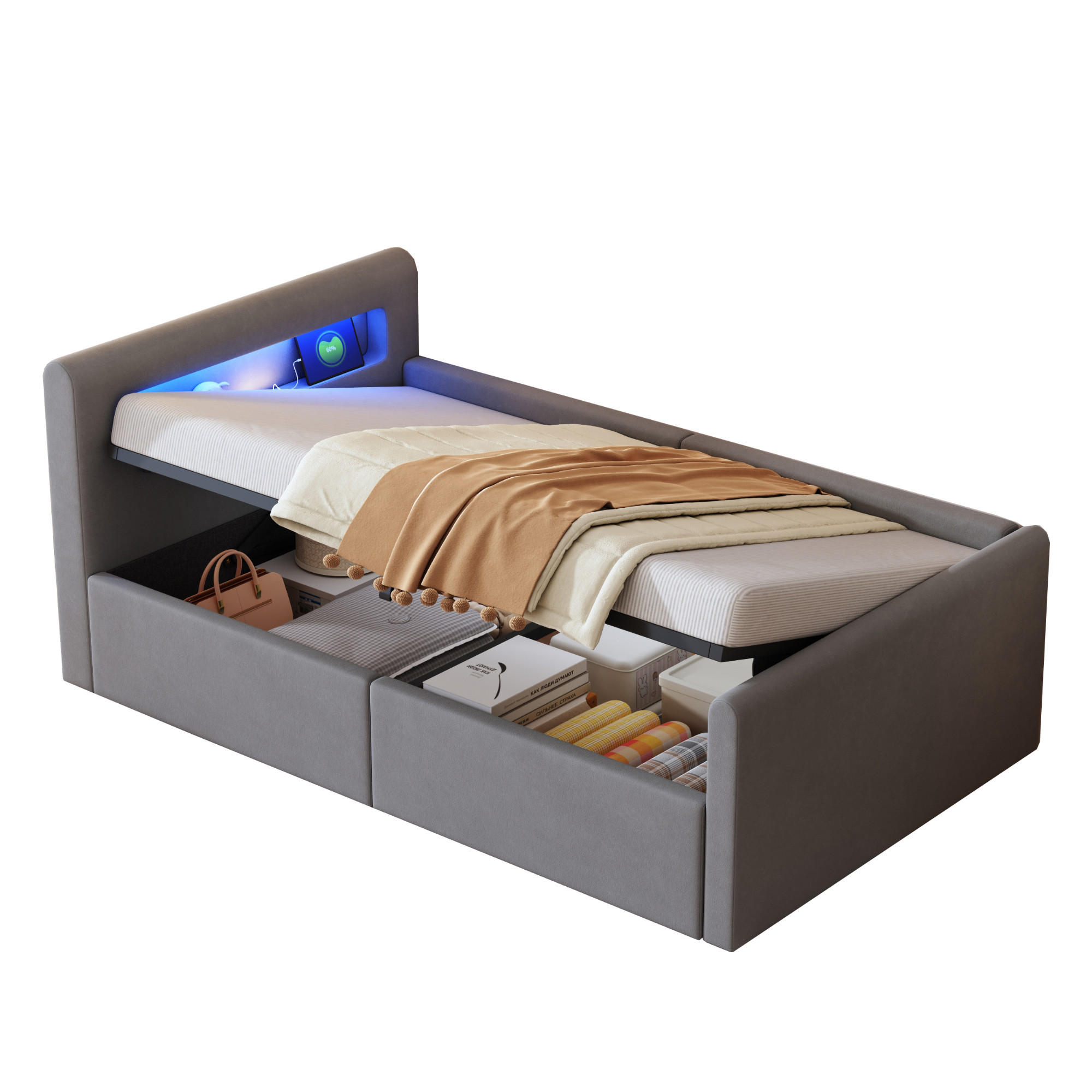 KINDEREINZELBETTEN aus Samtstoff 90 x 200 cm in Hellgrau mit LED, USB & Stauraum - Hellgrau, Textil (90/200cm) - Modfu