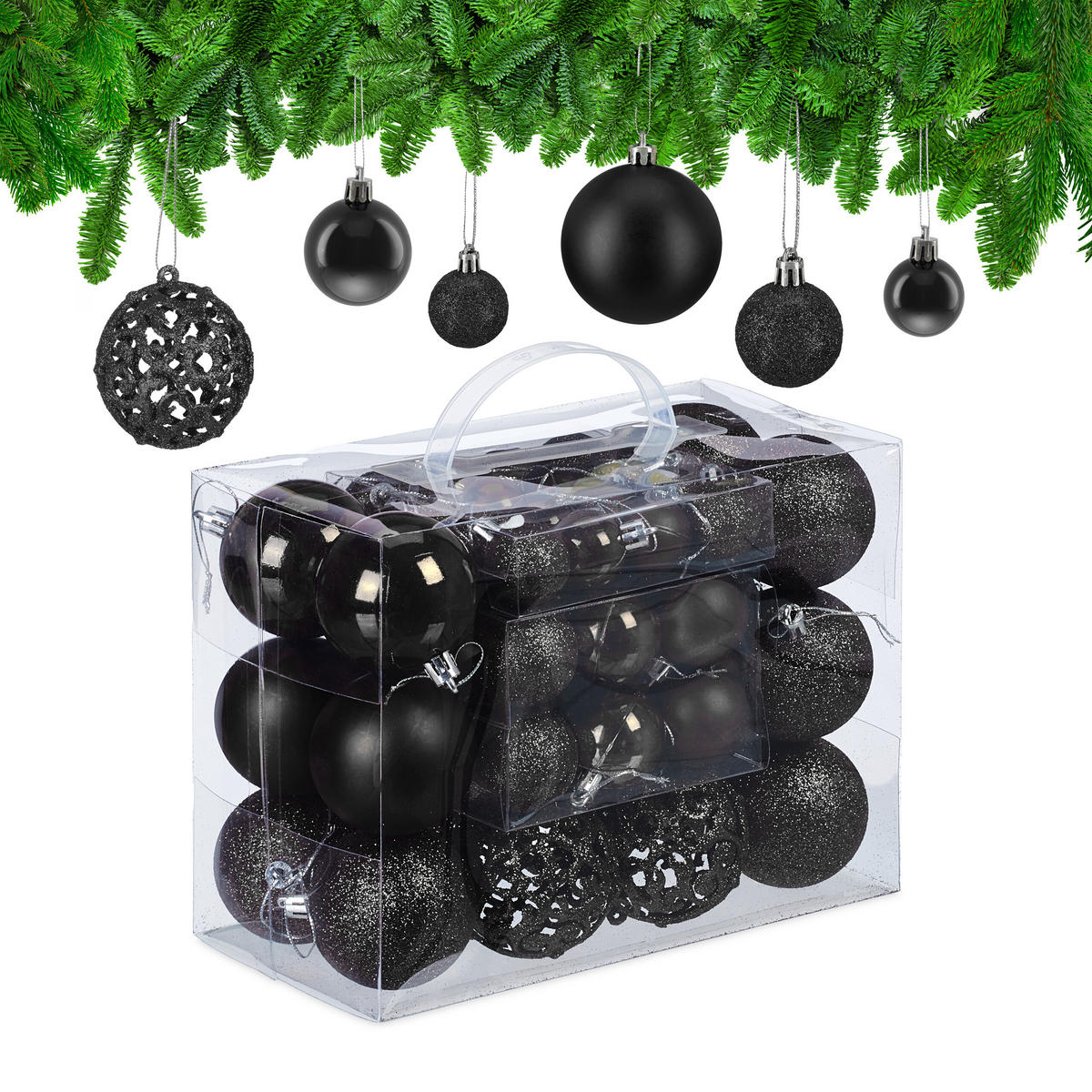 WEIHNACHTSKUGELN-SET 50-tlg. - Schwarz, Kunststoff (6/7/6cm) - Relaxdays