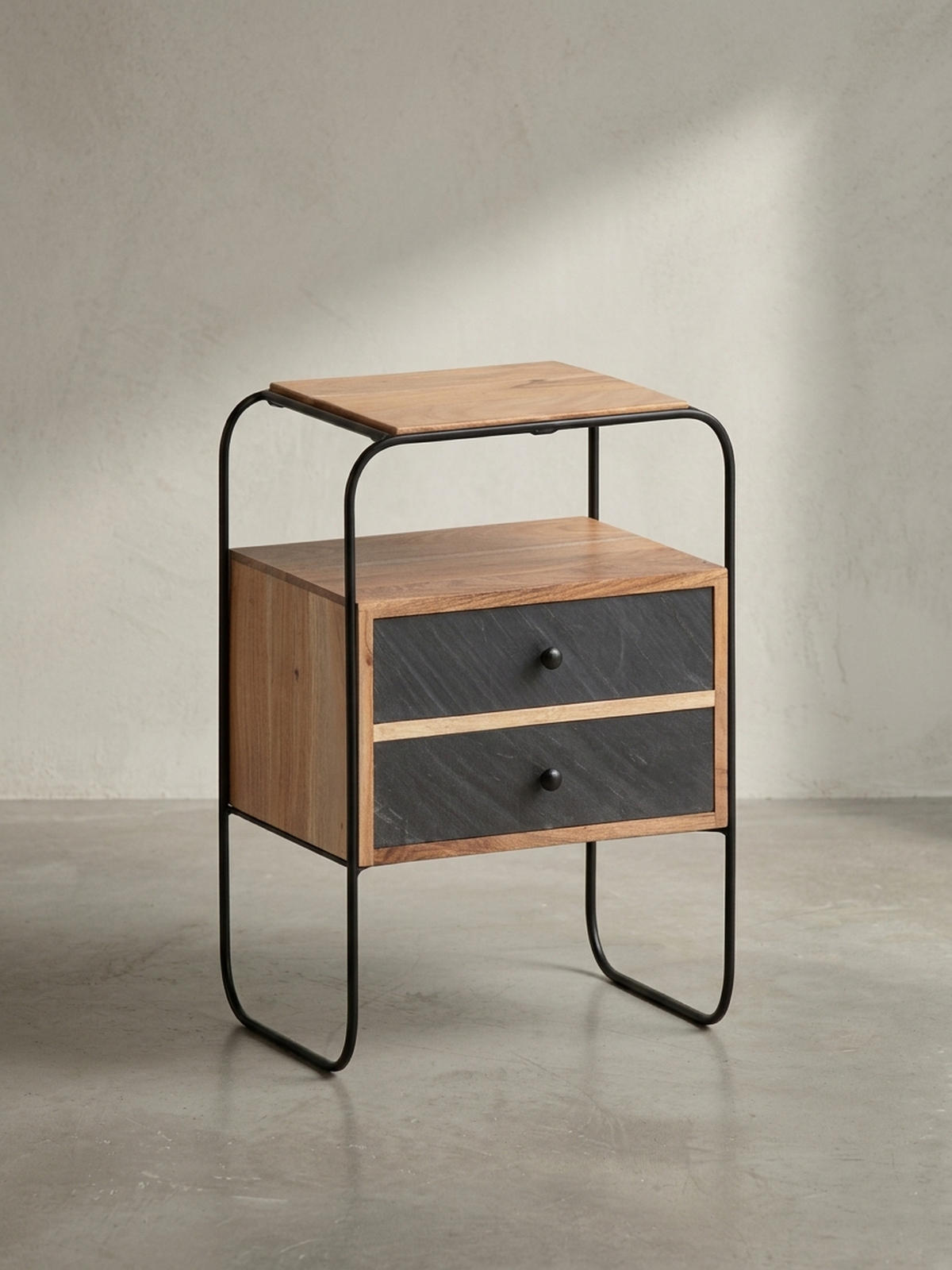 NACHTTISCH Massivholz Steinoptik 2 Schubladen Ablage Metallgestell, Akazie 40x30x60 cm - Schwarz/Akaziefarben, Holz/Metall (40/60/30cm) - KADIMA DESIGN