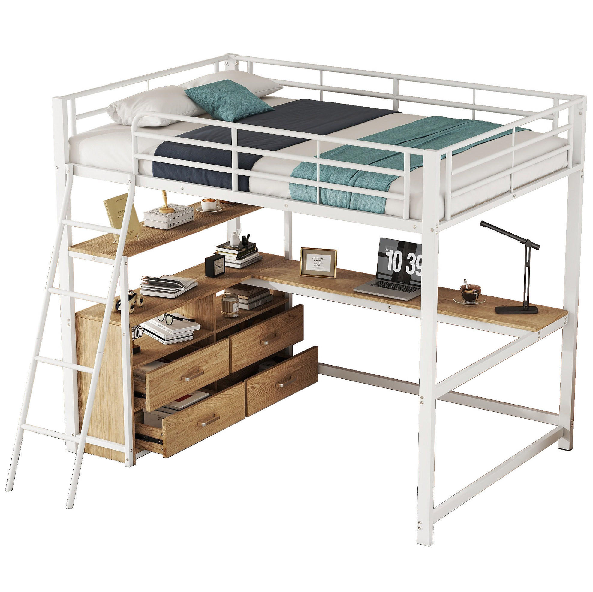 HOCHBETT 140/200 cm, Weiß mit L-förmigem Schreibtisch und 4 Schubladen - Weiß, Metall (140/200cm) - MIVRAY