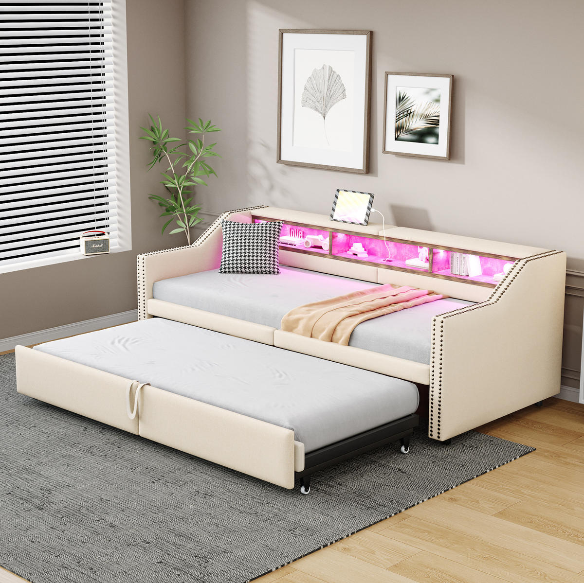 BETT aus Leinenstoff 90/180x200 cm Beige mit Ausziehbett, LED, USB und 3 Ablagefächern - Beige, Textil (90/200cm) - Modfu