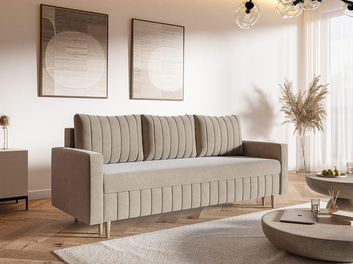 SCHLAFSOFA 215 cm Scandi, 3-seater, Bettkasten, Beine, Beige - Beige, Holz (215/94/90cm) - Emporius