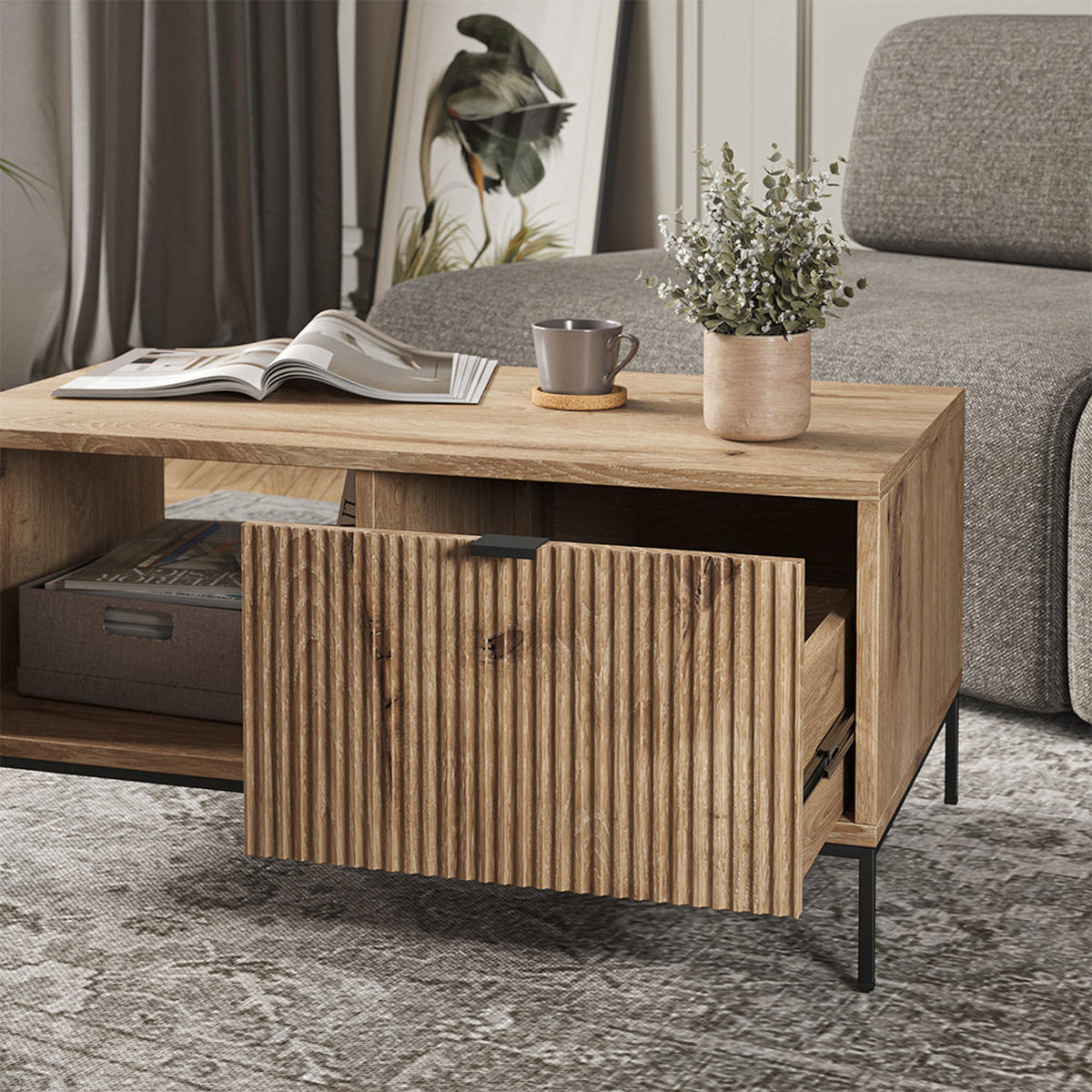 COUCHTISCH Eliza Viking Oak 90 x 50 cm mit einer Schublade - Eiche Wotan, Holzwerkstoff (50/90/45cm) - Vicco