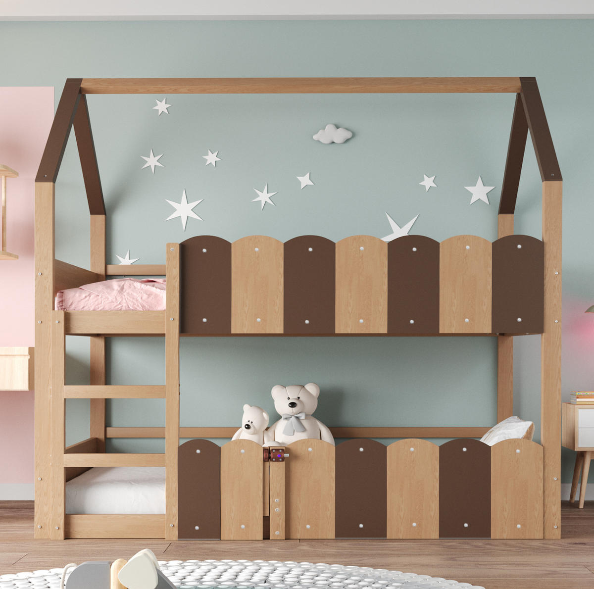 ETAGENBETT 90/200 cm in Naturholz, hausförmig mit Sicherheitsgeländern - Naturfarben, Holz (90/200cm) - OKMYHOME