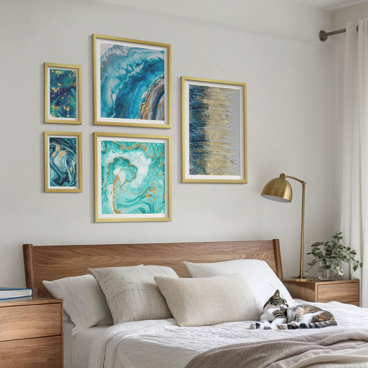 WANDBILDER 5er Set - 50x50 cm & 20x30 cm & 40x60 cm Goldrahmen - Wilde Landschaften, Berge, Hirsche - Goldfarben, Kunststoff (40/60cm) - ArtPrintCave
