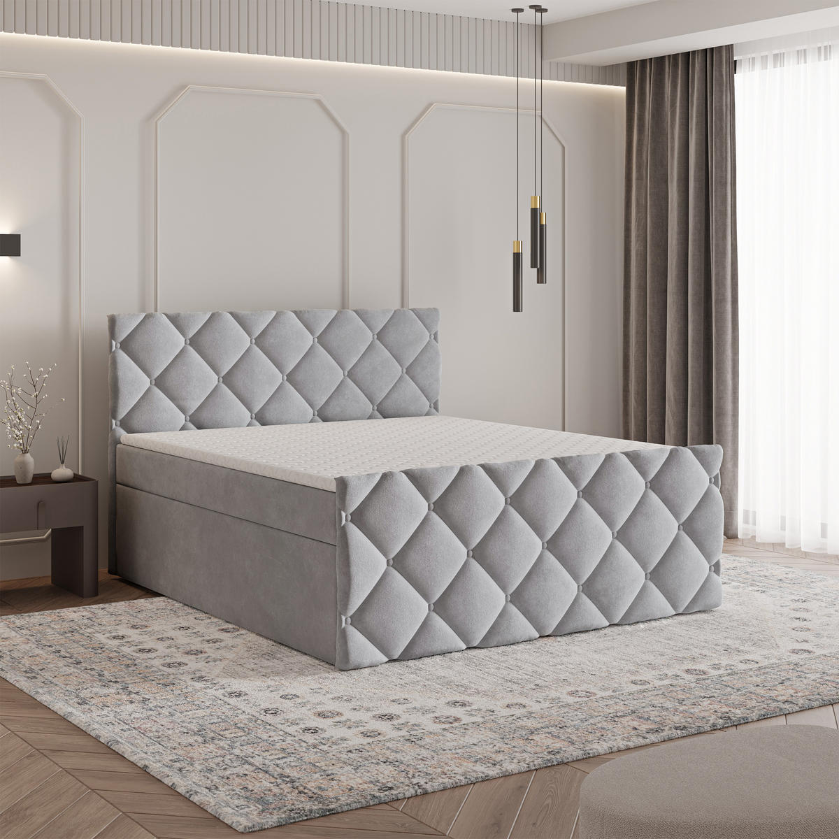 BOXBETT ROVARI 180x200 cm mit Matratze und Topper - Hellgrau - Hellgrau, Holz (180/200cm) - MASSENO