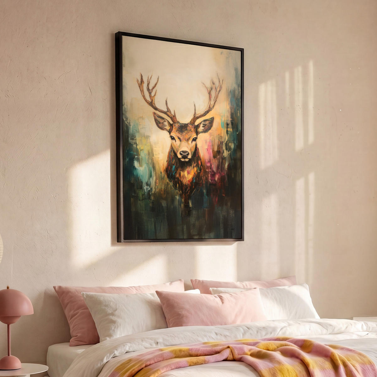 LEINWAND Bilder mit Rahmen - Hirsch - Gemalt - Geweih - Braun - 100x150 - Haselnussfarben, Textil (100/150cm) - MuchoWow