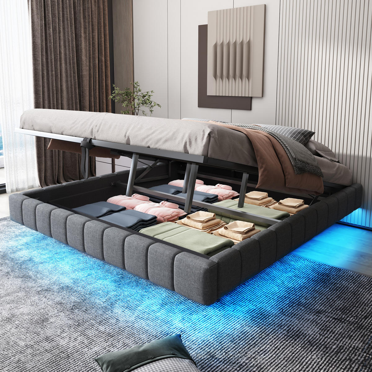 POLSTERBETT 180/200 cm Grau mit Stauraum und LED-Beleuchtung aus Leinen - Grau, Textil (180/200cm) - OKWISH