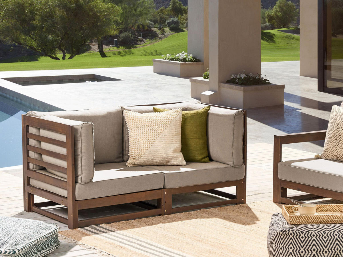 GARTENSOFA 2-Sitzer zertifiziertes Akazienholz dunkelbraun Auflagen taupe Trani - Dunkelbraun/Beige, Holz (150/72/75cm) - Beliani
