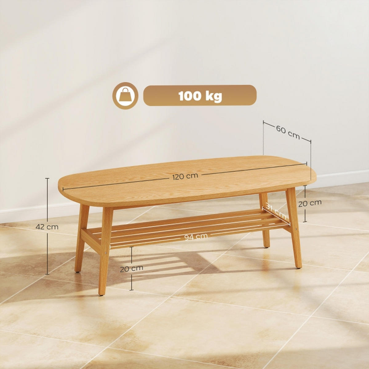COUCHTISCH 120/60/42 cm mit Ablage DE-39934 Naturholz - Naturfarben, Holzwerkstoff (60/120/42cm) - ComfortXL