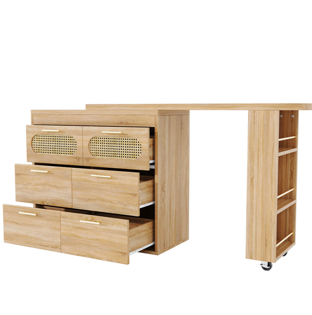 BARTISCH drehbar 128-203 cm Natural MDF/Metall mit 6 Schubladen - Braun, Metall (203/39/90cm) - Meubliv