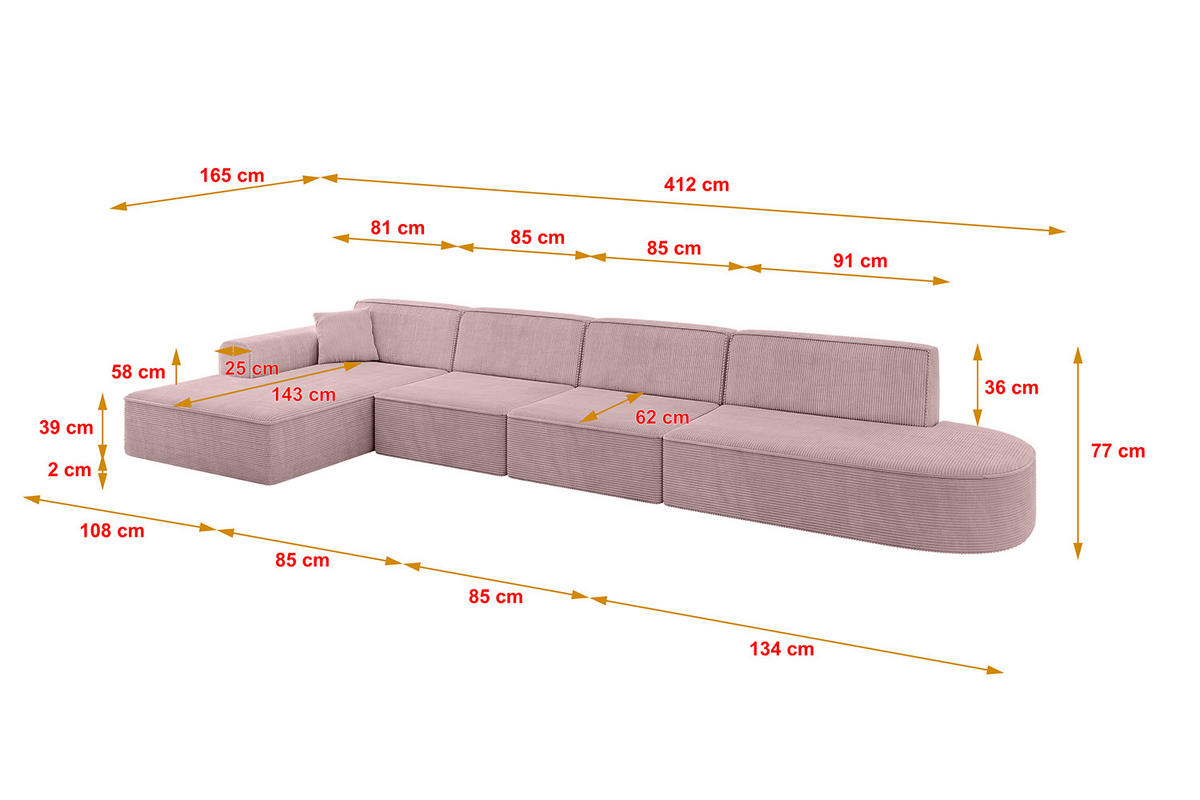 ECKSOFA Ottomane Links IREA-L3-v3 - 412x165x77 cm Rosa - Rosa, Holzwerkstoff/Textil (412/165cm) - ALTDECOR