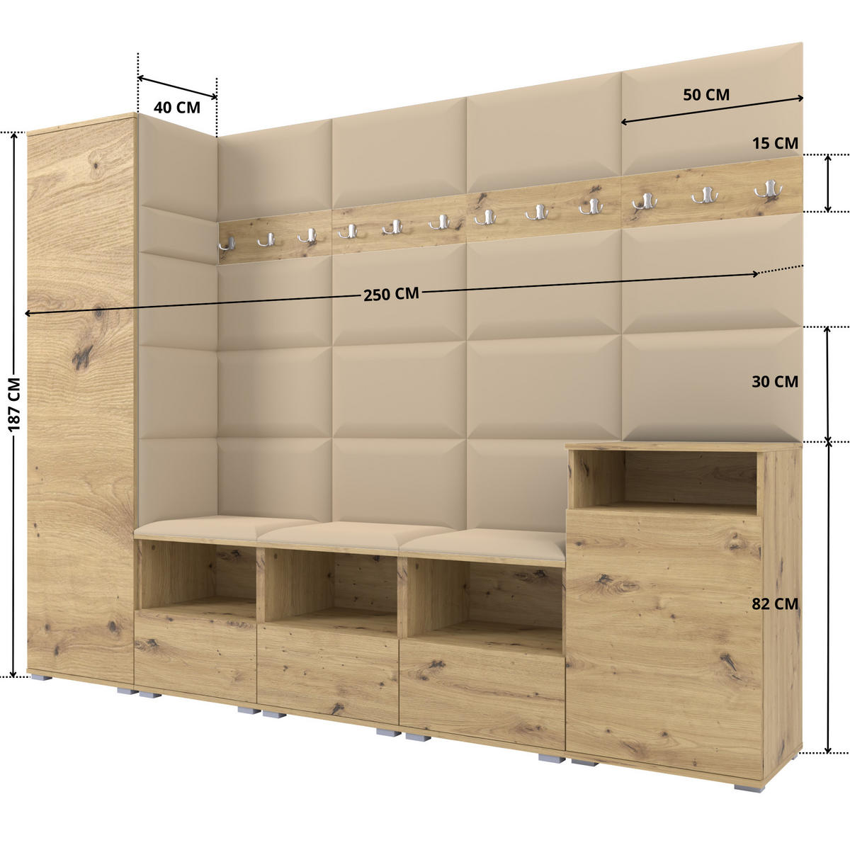 GARDEROBE NELA XI 250 cm (Modulare Flurmöbel Artisan Eiche mit Sitzpolster Beige 04 Großes Set) - Beige/Silberfarben, Holz/Holzwerkstoff (250/187/40cm) - Ravio