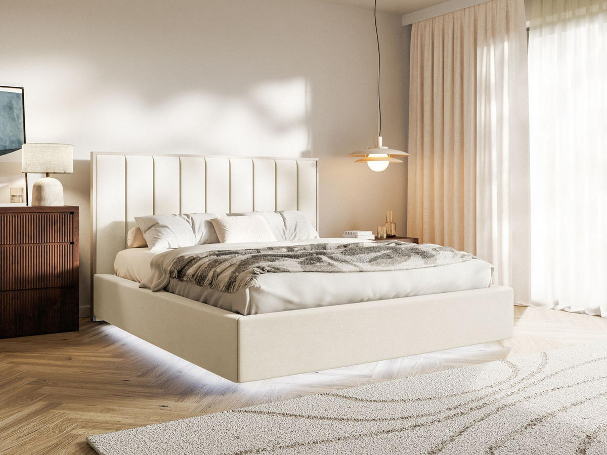POLSTERBETT Togents Creme mit Veloursbezug und LED, 180x200 cm - Creme, Textil (180/200cm) - Selsey