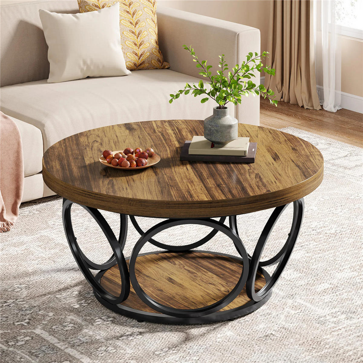 COUCHTISCH rund 80/80/42.5 cm 2 Ebenen Holz Stauraum modern - Braun, Holz (80/80/42.5cm) - Kaket