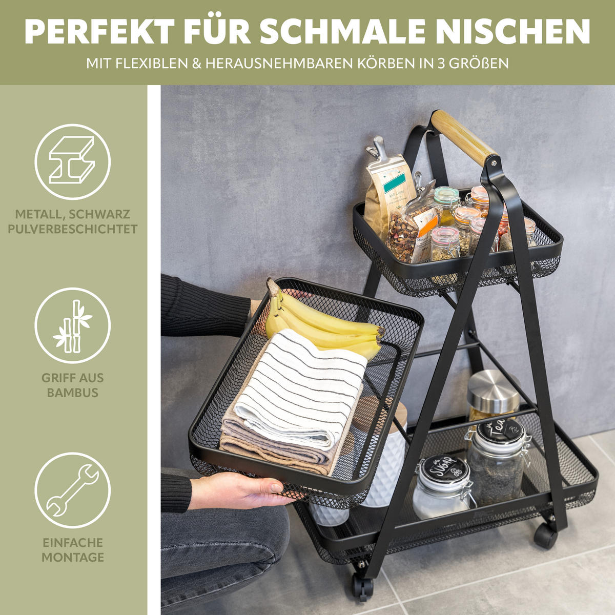 SERVIERWAGEN, schwarz, Metall - Schwarz, Metall (57/38/6.5cm) - eluno