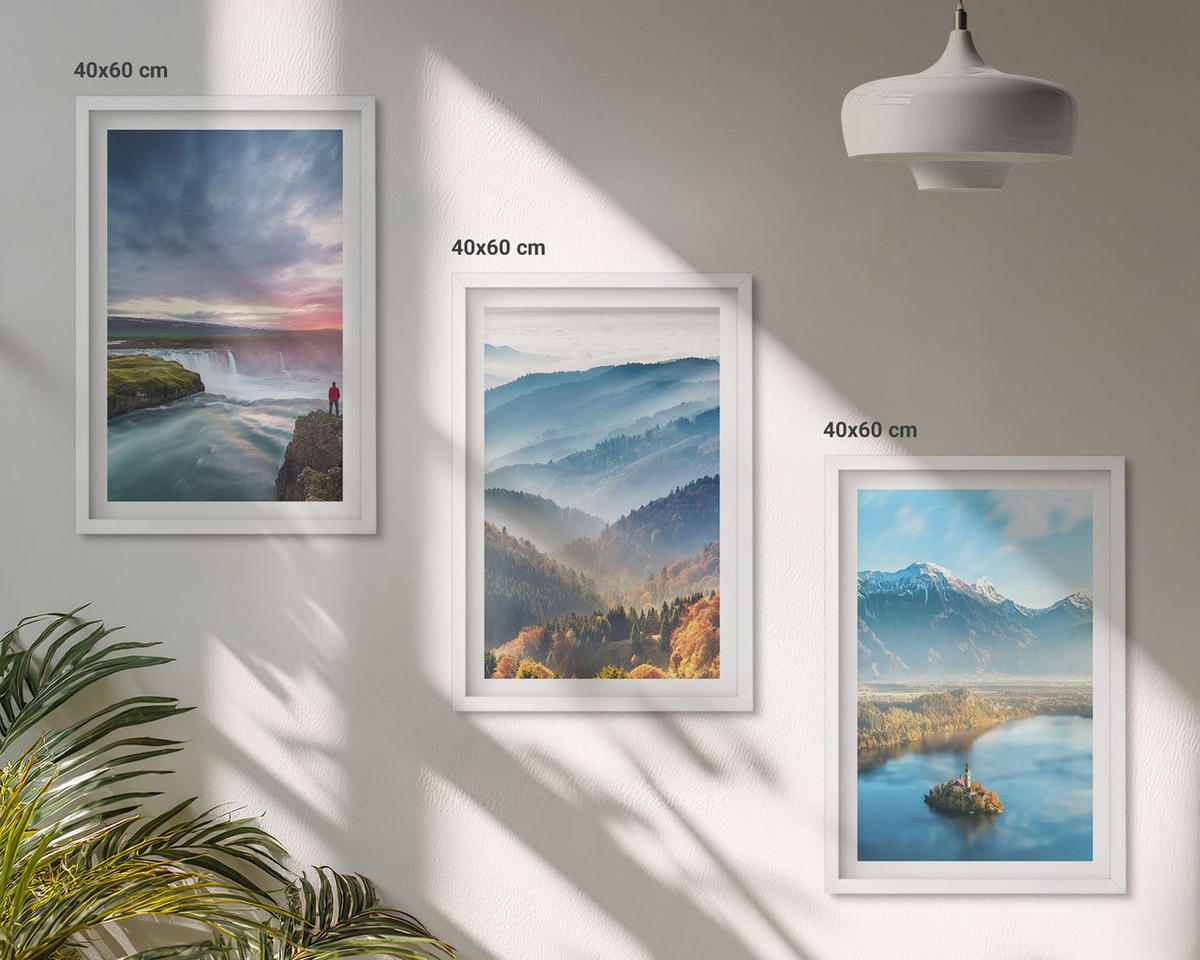 BILDER SET 3er Set - 40x60 cm Weißer Rahmen - Berglandschaften, Wasserfälle - Weiß, Kunststoff (40/60cm) - TULUP
