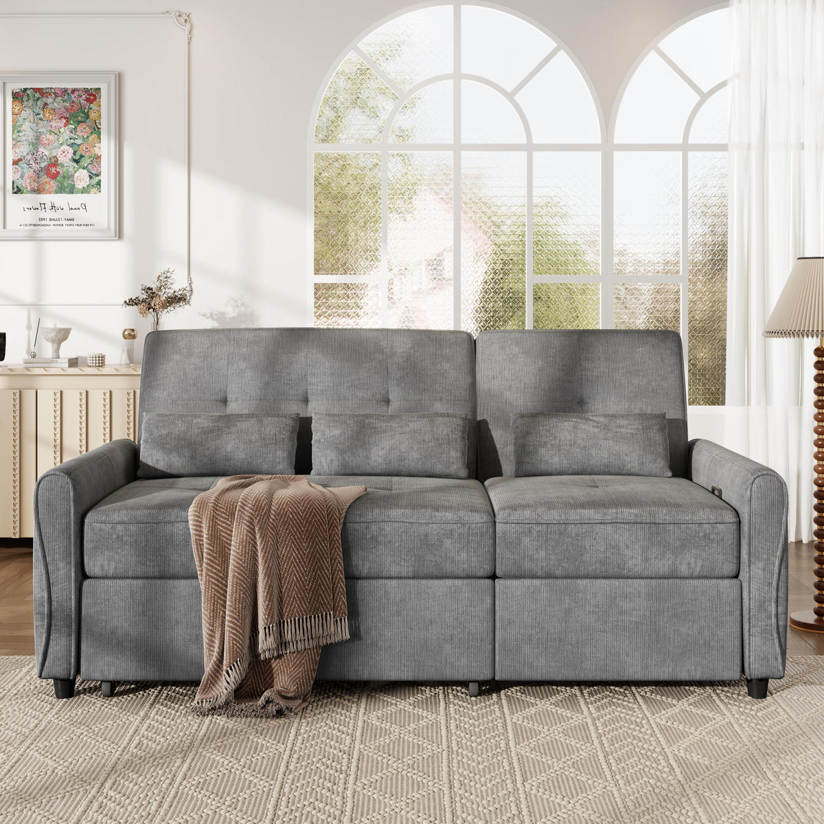 SCHLAFSOFA 3-Sitzer 3-in-1 ausziehbar Chenille, DE-42933, Grau - Grau, Metall (176/83/148cm) - ComfortXL