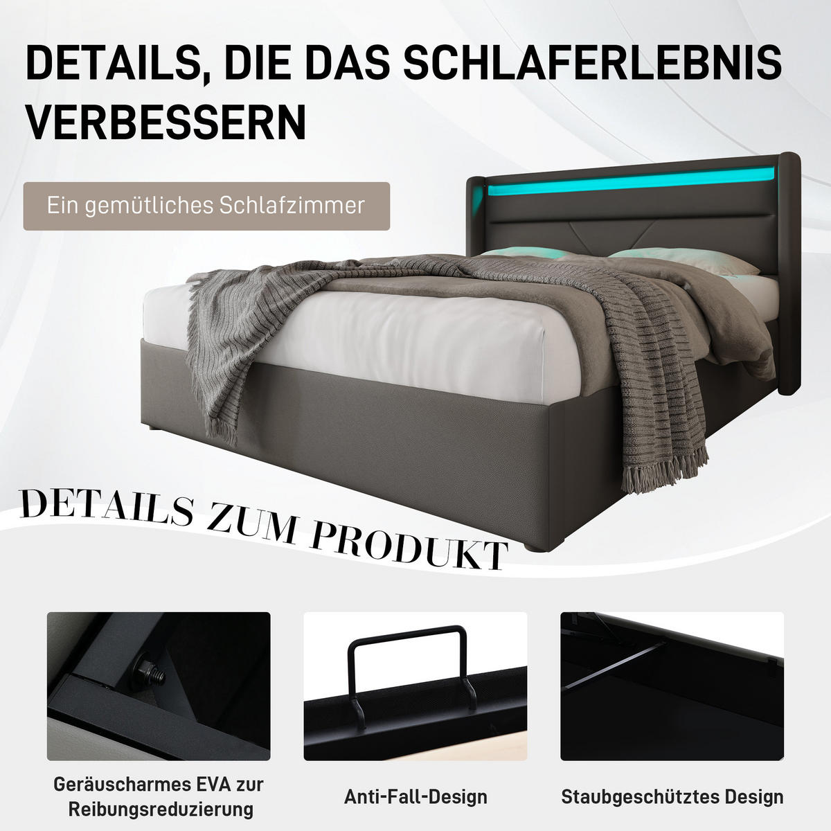 POLSTERBETT aus Kunstleder 140x200 cm in Grau mit LED & Stauraum - Grau, Leder (140/200cm) - Modfu
