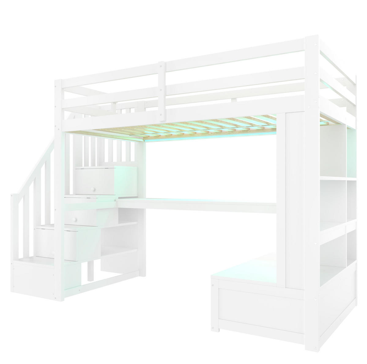 HOCHBETT 90/200 cm aus Kiefer/MDF mit Schreibtisch, Regalen, 2 Schubladen, Stauraumtreppe und LED, Weiß - Weiß, Holzwerkstoff (90/200cm) - Redom