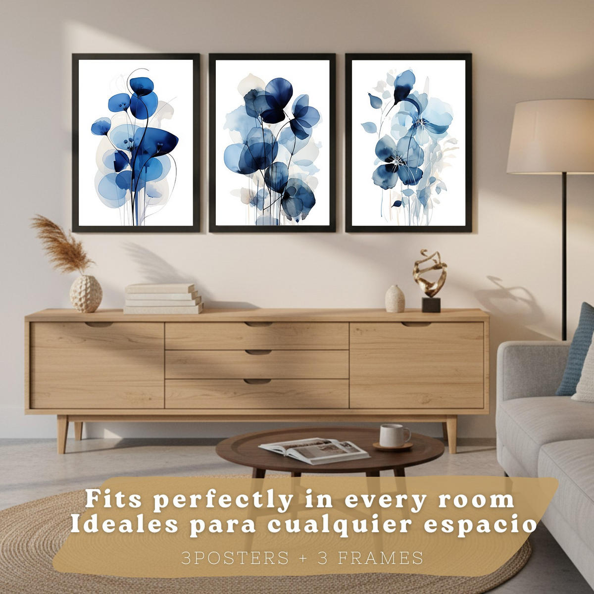 PLAKAT Sada 3 Modré květy A3 Černý rám - černá, papír (29.7/1/42cm) - Nacnic