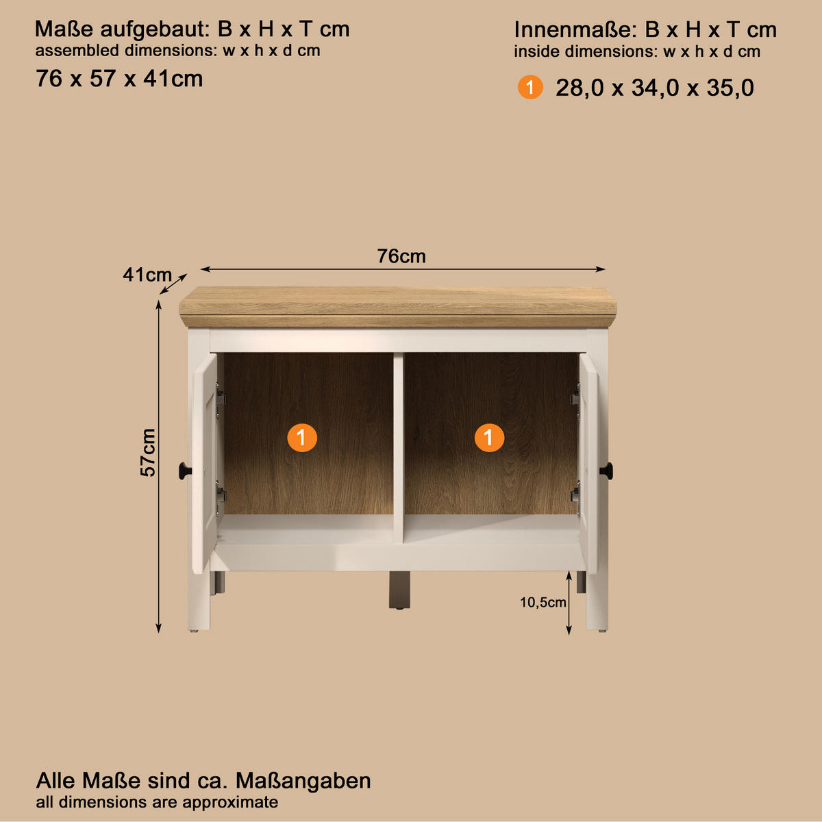 GARDEROBENBANK Kaschmir, Stein Eiche Landhaus 76 cm, Sitzbank mit Soft-Close - Kaschmir/Eichefarben, Holzwerkstoff/Kunststoff (76/57/41cm) - Top.Furn
