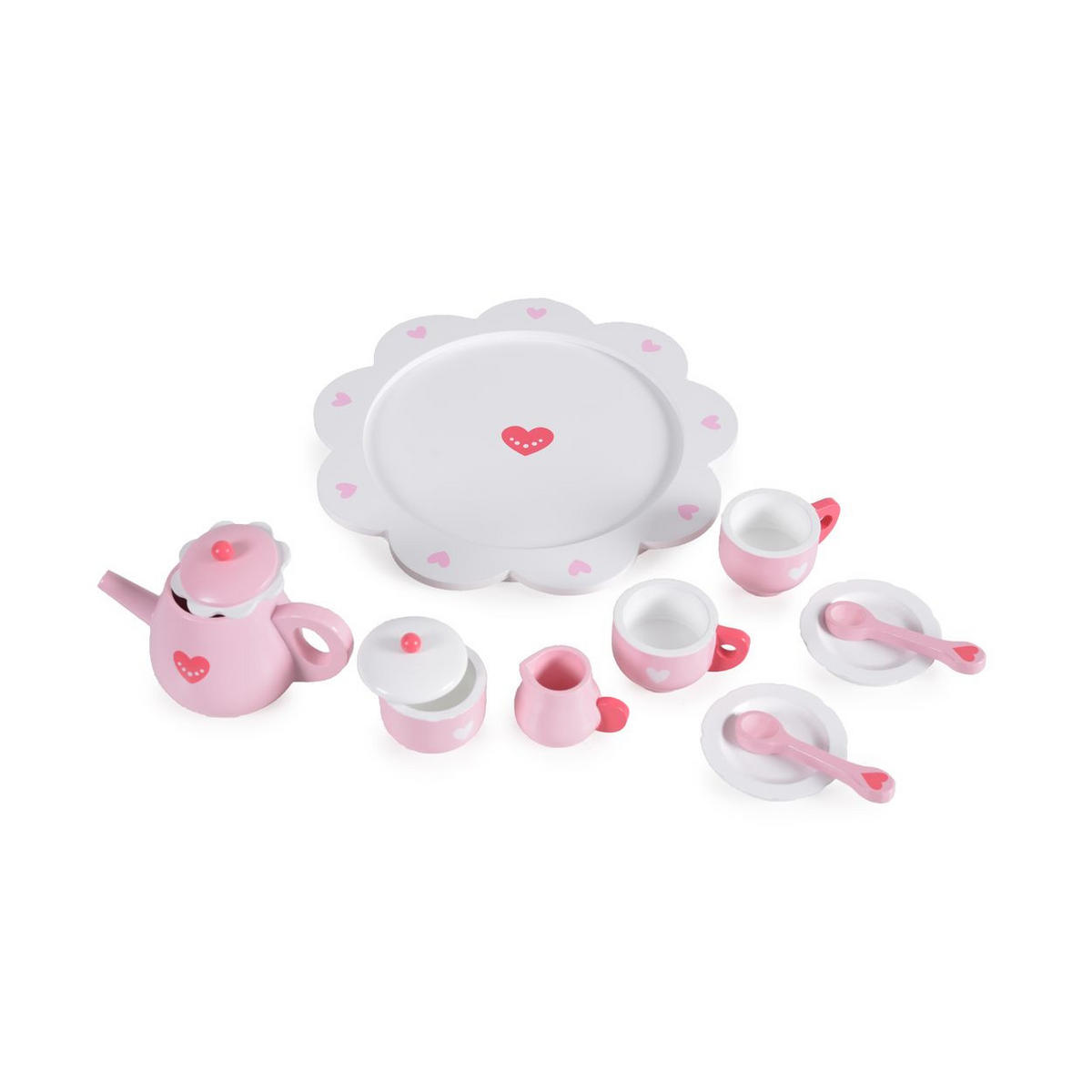SPIELGESCHIRR Herz 005 rosa Holz, 10-teilig, Kanne, Tassen, Untertassen, Löffel, Zuckerdose - Rosa, Holz (28/8/28cm) - Moni
