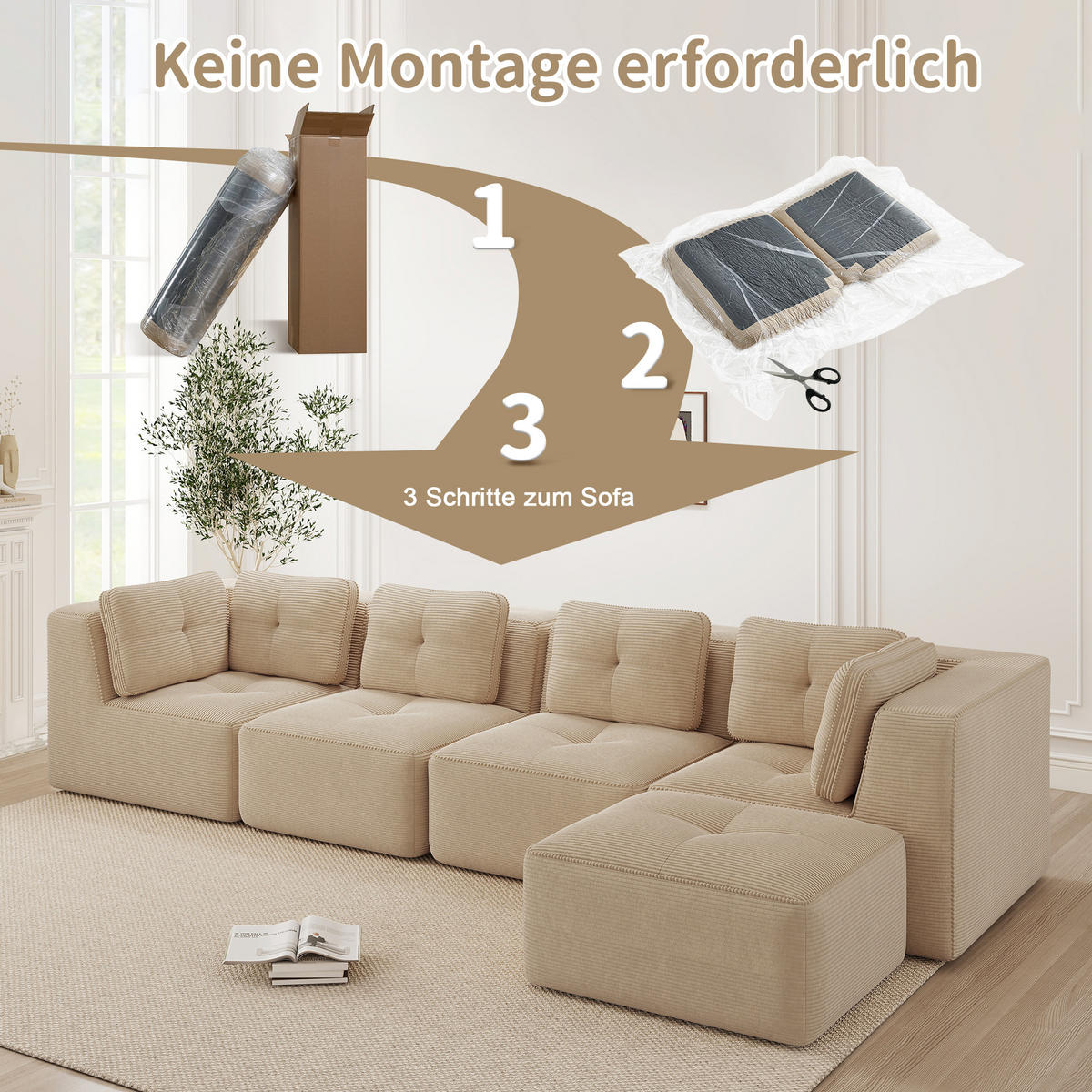 ECKSOFA mit tiefer Sitzfläche und Cordbezug - Beige, Textil (386/177cm) - EVRYAE