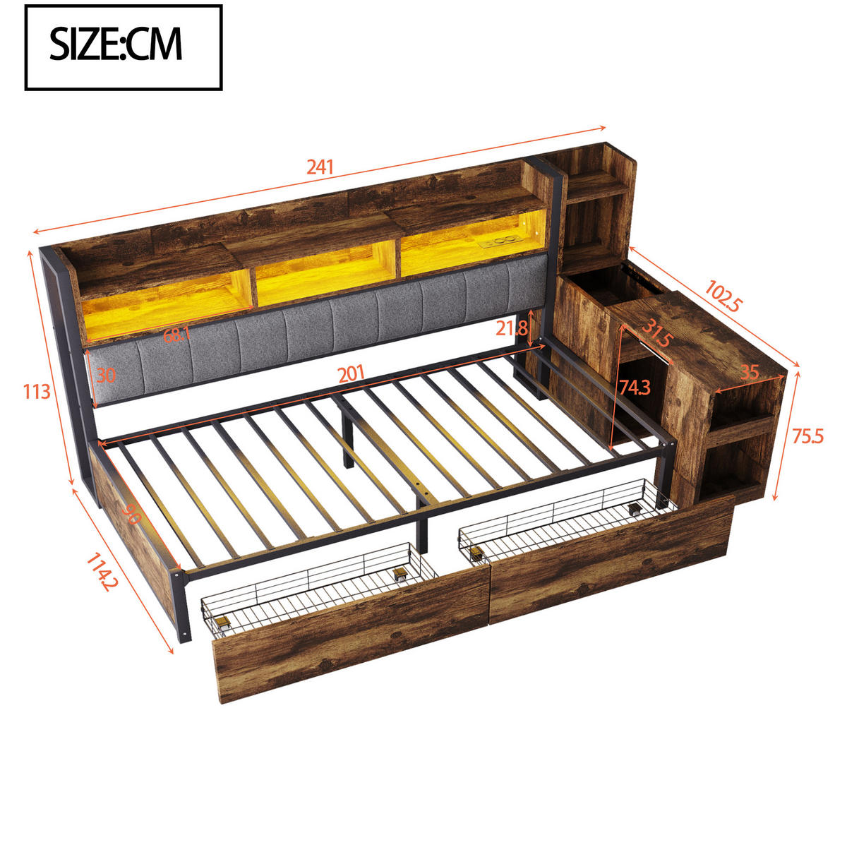 MULTIFUNKTIONSBETT aus Metall und Holz 90x200 cm Naturholzfarben mit Schreibtisch, Steckdosen, LED und Stauraum - Naturfarben, Metall (90/200cm) - Modfu