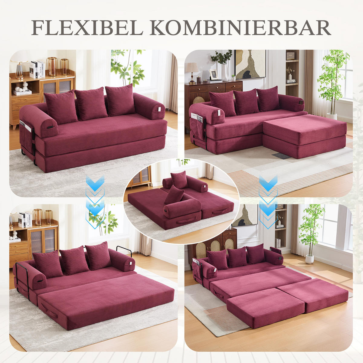 ECKSOFA Cord Weinrot mit Hocker und Kissen - Weinrot, Textil/Metall (218/285cm) - WISHDOR