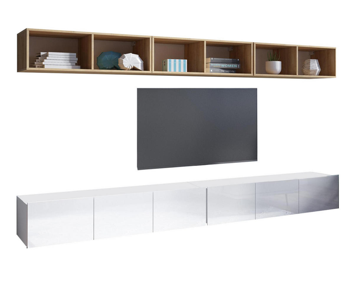 WOHNWAND Kossana 33 Modern Goldene Eiche/Weiß 300/68/43 cm Modern Style - Weiß, Holzwerkstoff/Kunststoff (300/68/43cm) - AX Living