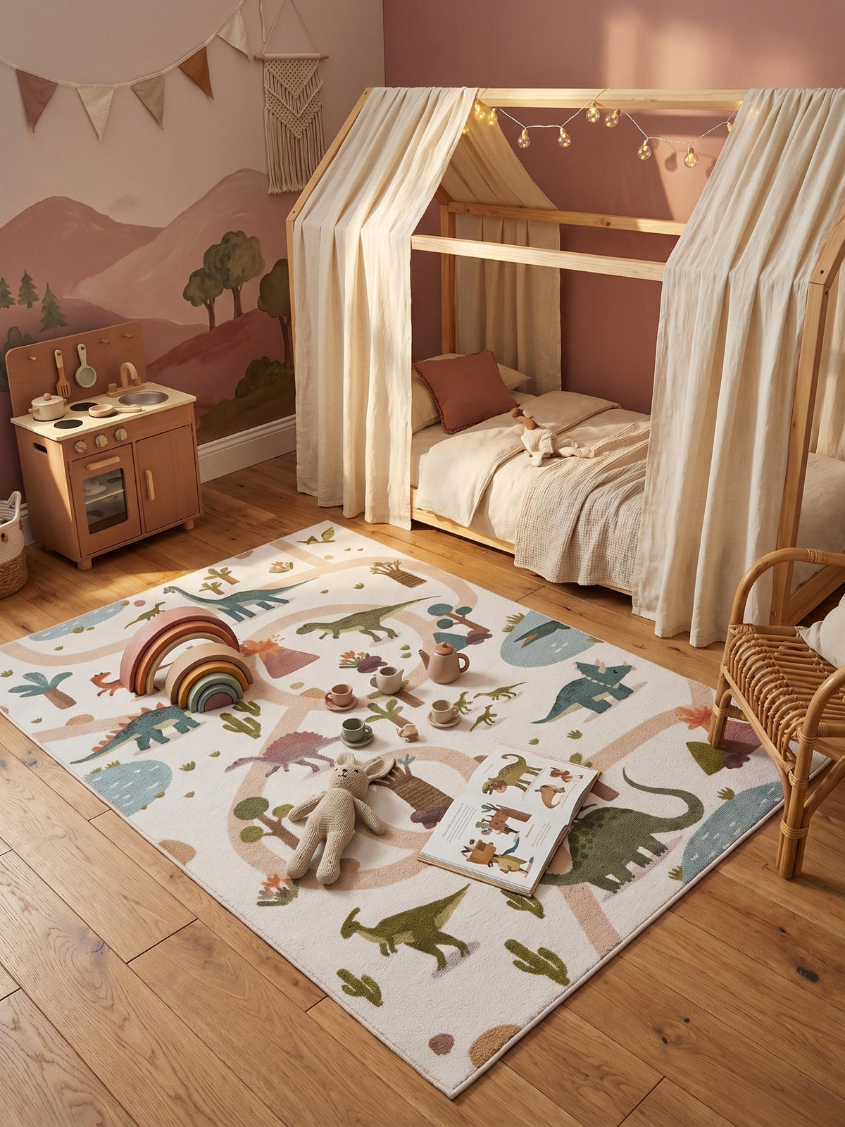 KINDERTEPPICH Kurzflor Dinosaurier-Landschaft Waschbar OEKO-TEX Spielteppich Jungen Mädchen Creme 120x170 – TINO - Creme, Textil (120/170cm) - KADIMA DESIGN