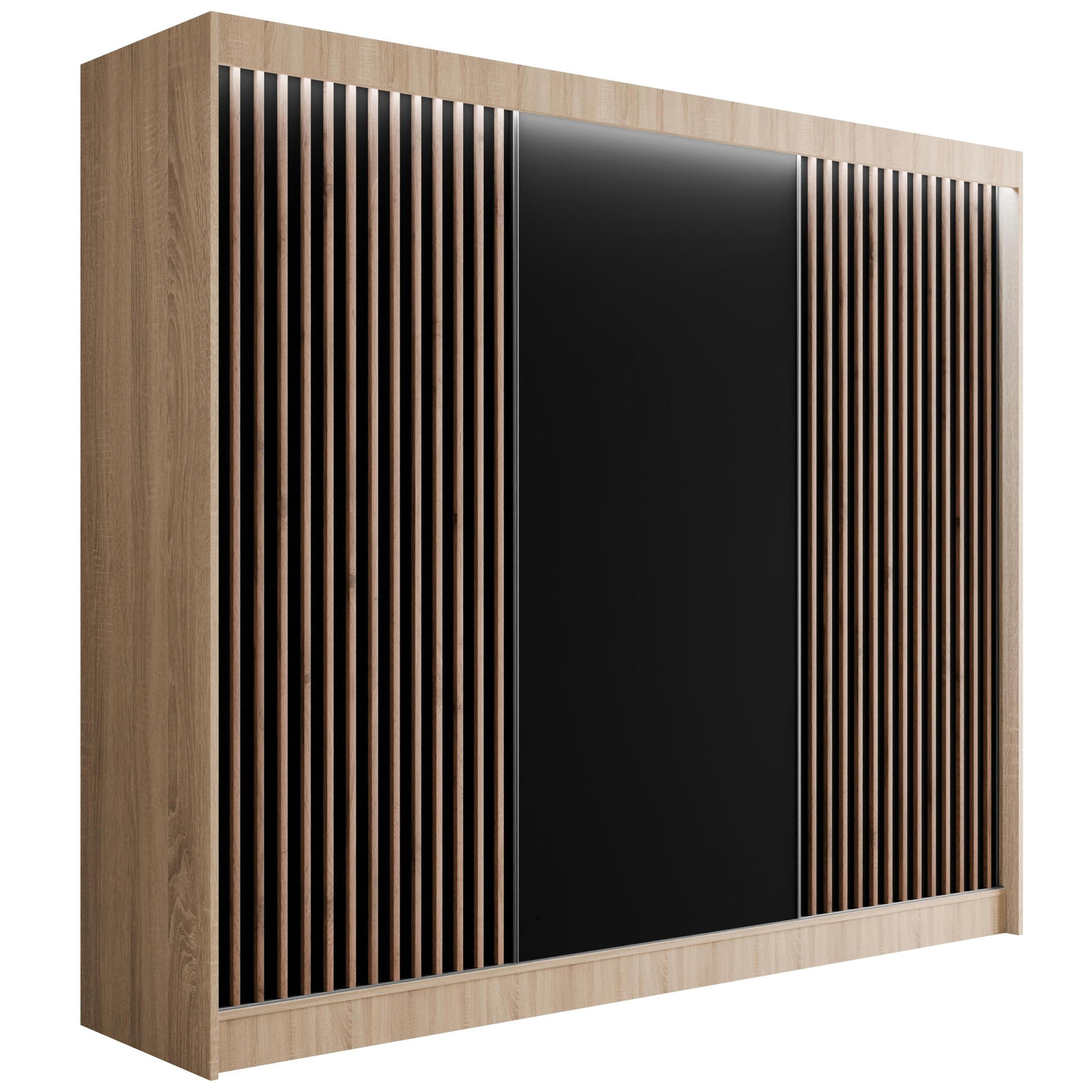 ALTDECOR ŠATNÍ SKŘÍŇ s LED osvětlením, lamelovými posuvnými dveřmi VILANv2 – 250 cm Sonoma dub + lamely z dubu wotan
