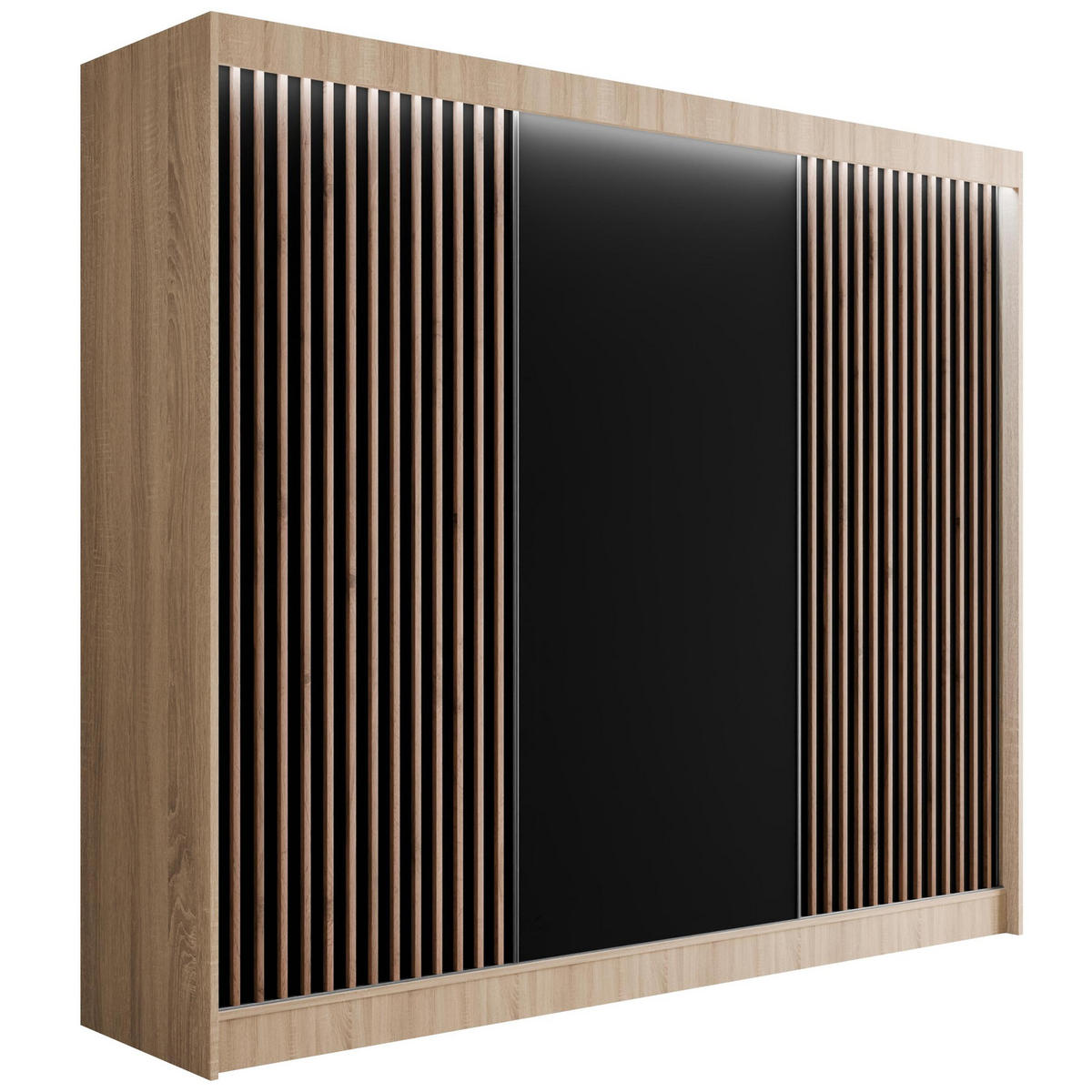 KLEIDERSCHRANK mit LED, Lamel-Schiebetüren VILANv2 - 250 cm Sonoma Eiche + Lamelle Eiche Wotan - Eiche Wotan/Sonoma Eiche, Holzwerkstoff (250/215/61cm) - ALTDECOR