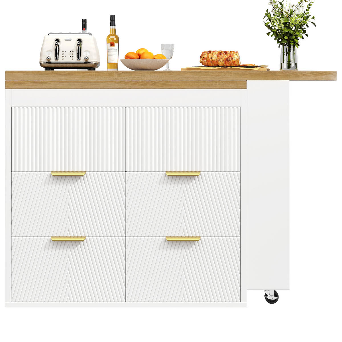 BARTISCH 128-203/39/90 cm in Weiß mit 6 Schubladen und drehbaren Modulen - Weiß, Holzwerkstoff (39/203/90cm) - BEAOK