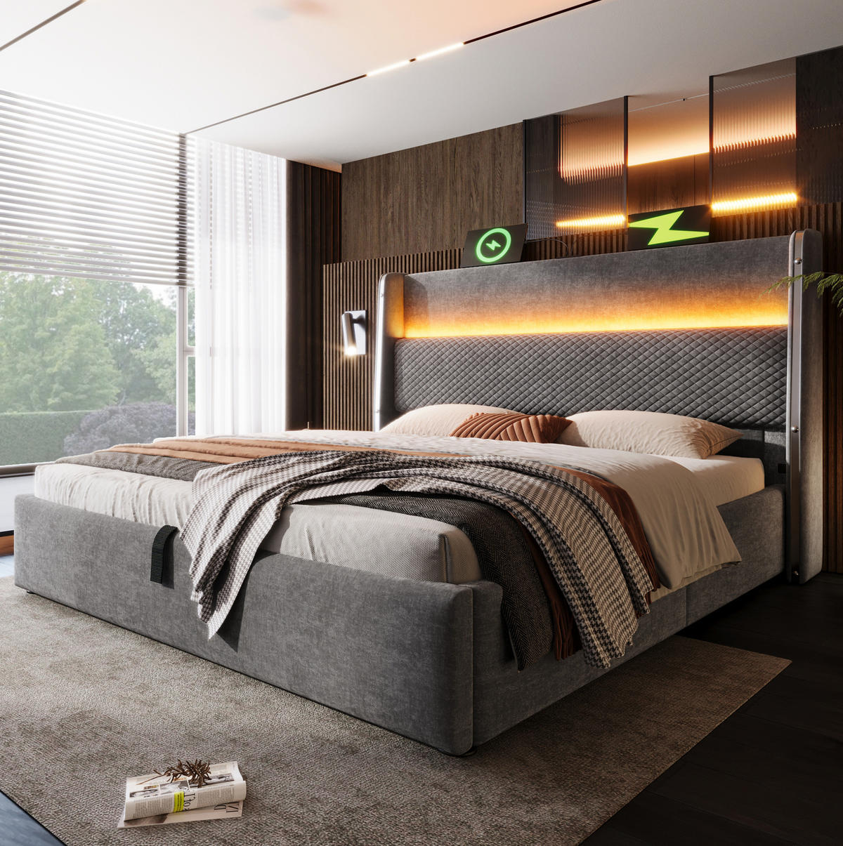 BETT s matrací, 160/200 cm, šedé, s LED osvětlením a úložným prostorem - šedá, textil (160/200cm) - BEAOK