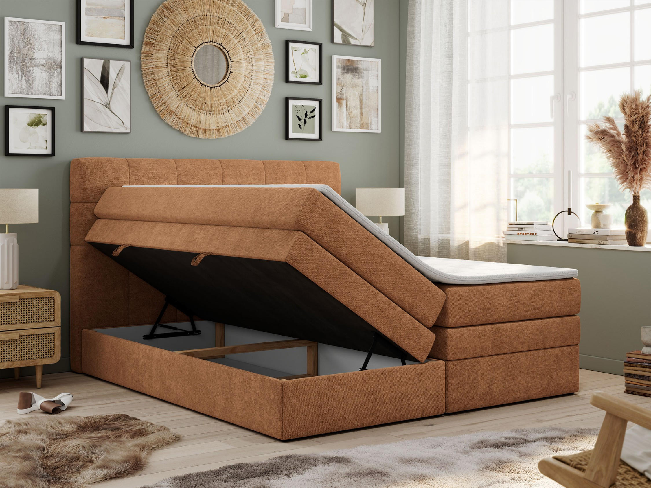 Thumbnail - MKS Boxspringbett, Orange, Textil, 2-Sitzer, H4, Rechteckig, 120x200 cm, Schlafzimmer, Betten, Boxspringbetten