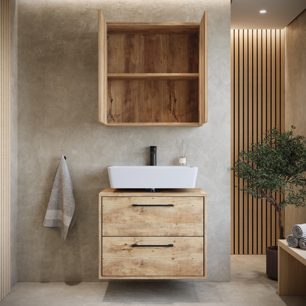 BADMÖBEL-SET Florence 2 Teile Kastanien Eiche - 60 x 35 x 51 cm - Eichefarben, Holz (60/51/35cm) - Badplaats