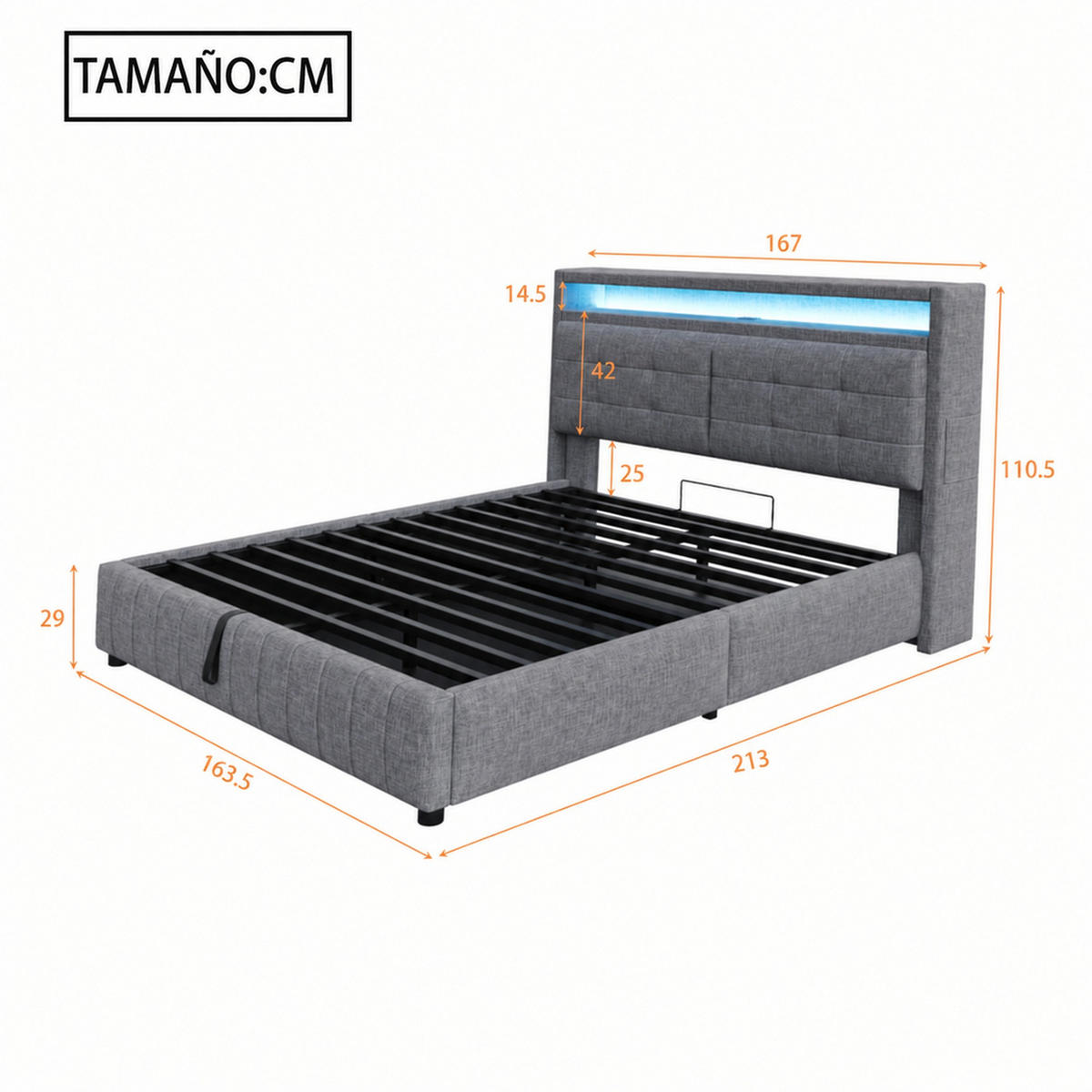 POLSTERBETT 160/200 mit Stauraum, LED, USB und Ablagefächern in Grau - Grau, Holzwerkstoff/Textil (160/200cm) - EVRYAE