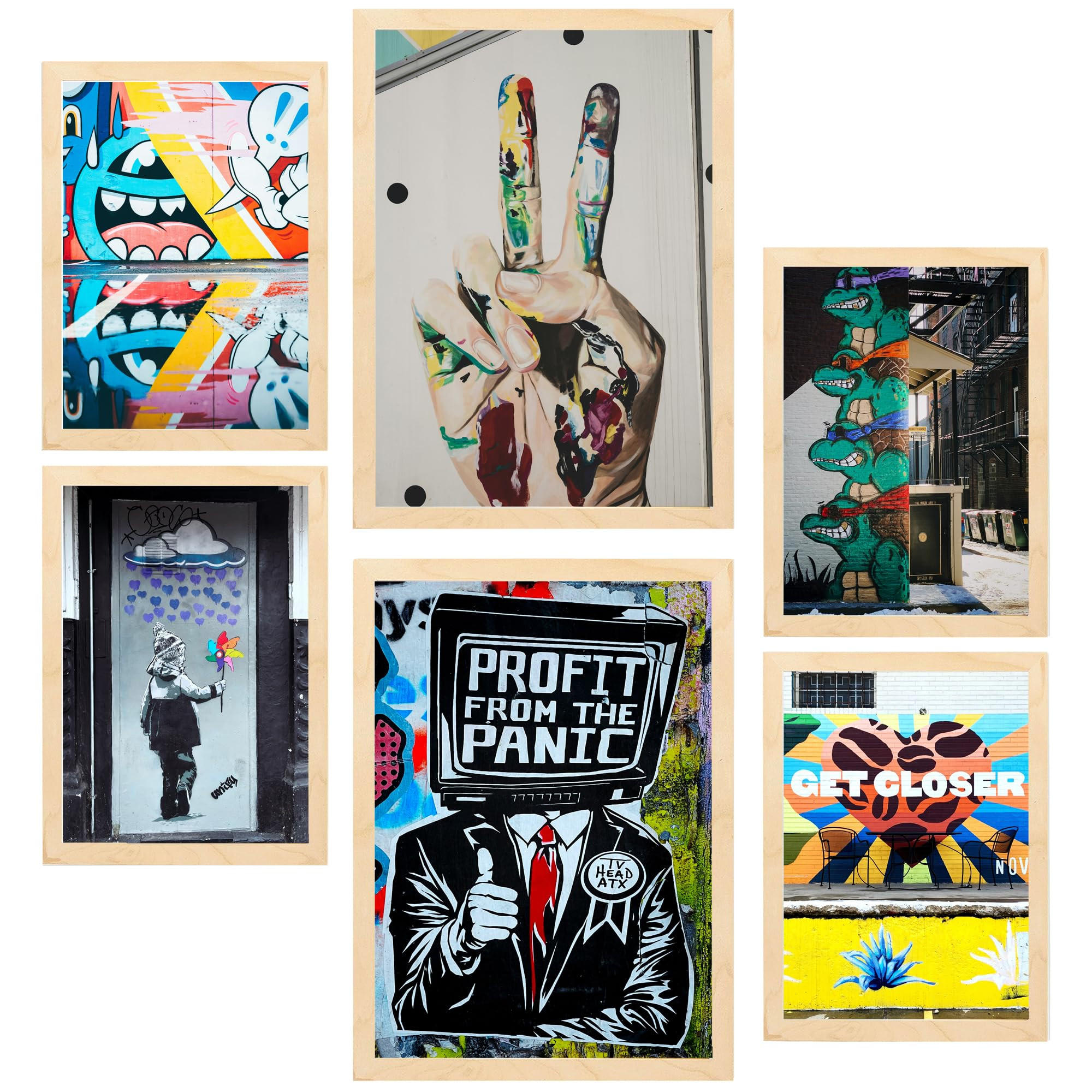 POSTER Set Mit 6 Graffiti Straßenkunst A3 & A4 Rahmen Aus Hellem Holz - Beige, Papier (29/3cm) - Nacnic