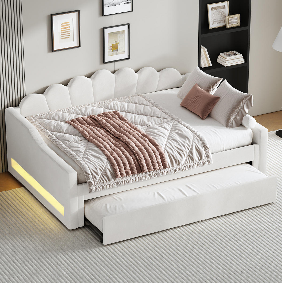 DENNÁ posteľ 140/200 cm béžová z MDF a preglejky s ľanovým čalúnením LED osvetlením a výsuvným lôžkom - béžová, kompozitné drevo (140/200cm) - OKWISH