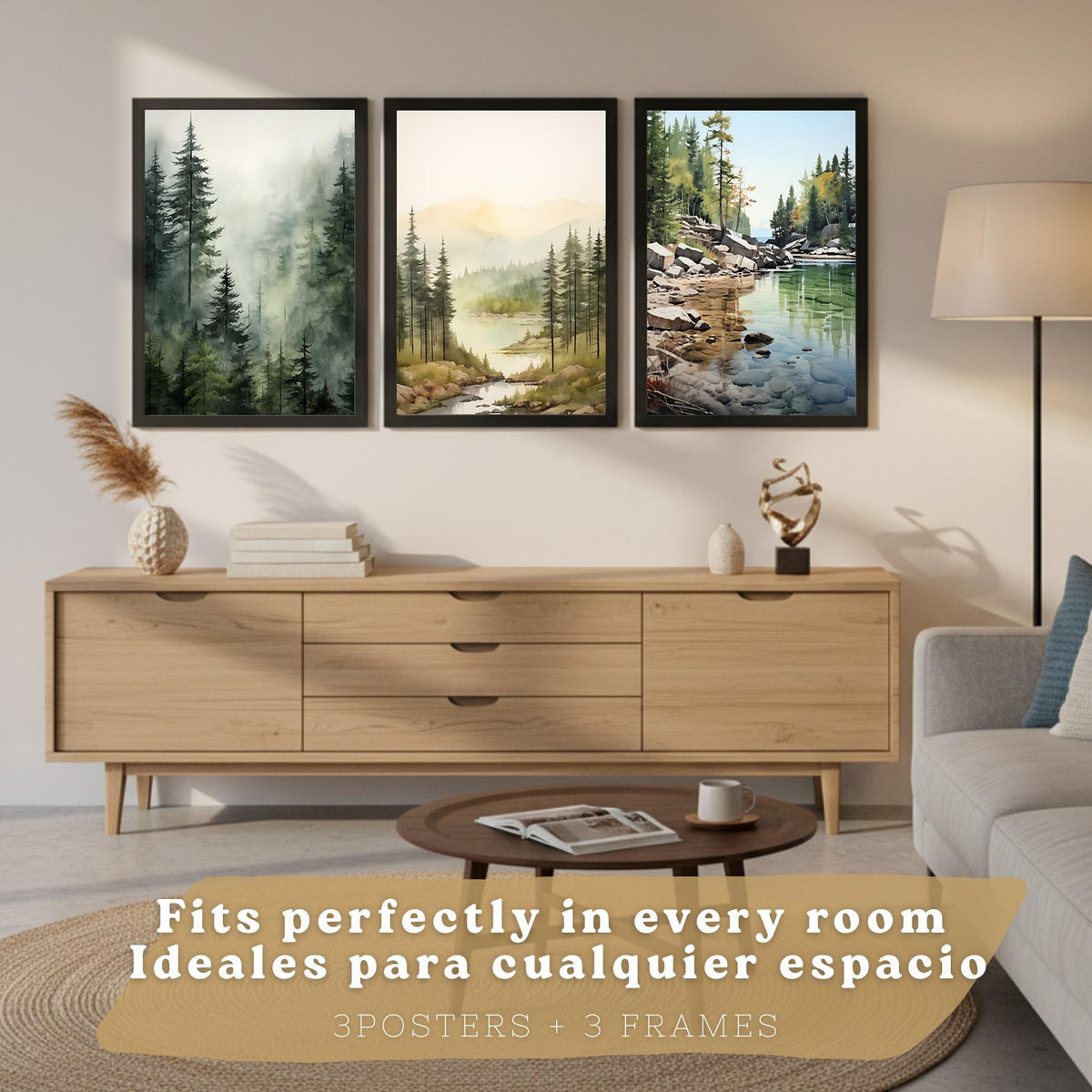 PLAKAT Sada tří dekorativních tisků Nordic Landscape Moderní obývací Obrázky - zelené a hnědé dekorativní plakáty Dekorace Obývací A3 černý rám - černá, papír (29.7/42/3cm) - Nacnic